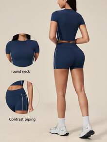 TimeOff Women's One Set Contrast Color Side Double Stripe Crew Neck Short Sleeve Butt-Lifting Shorts Sports Set - Navy Blue - View 11