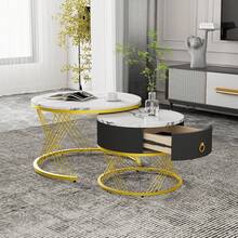 Set Of 2 Elegant Modular Coffee Table Set – Table With Drawers – Black And Gold - 白色 - 查看 8