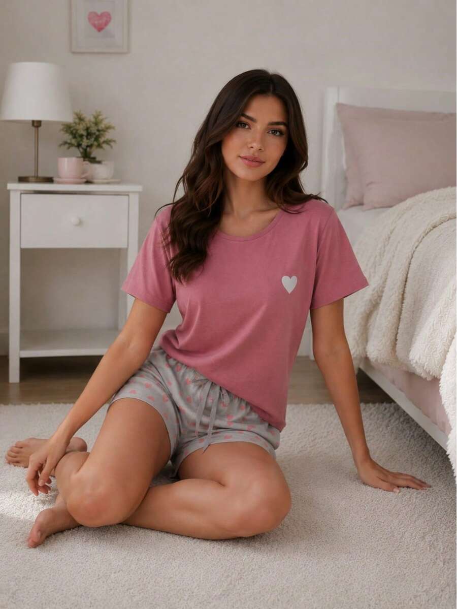 Women's Comfortable Short-Sleeved Heart-Patterned Pajama Set With Minimal Design. - Multicolor - View 1