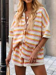Women's Crochet Striped 2 Pieces Set, Includes A Button-Up Collar Top And Shorts, Perfect For Elegant Summer Casual Wear - Pink - View 5