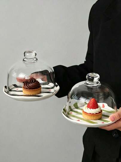 1pc Highly Attractive Ceramic Striped Heart-Shaped Dessert Tray With Glass Lid, Multiple Styles To Choose From, Cake Tray, Dinner Plate, Snack Plate, Afternoon Tea Snack Plate, Fruit Plate, Candy Plate, Snack Plate, Coffee Cup Tray, Suitable For Various Occasions, Parties, Gifts, Birthday Gifts, Souvenirs