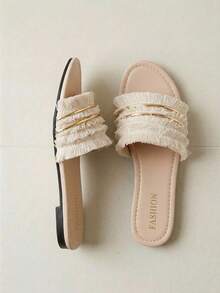 Alvarani Ladies' Vacation Style Fringed Flat Sandals, Beach Summer Open-Toe Slippers For Women - Apricot - View 2
