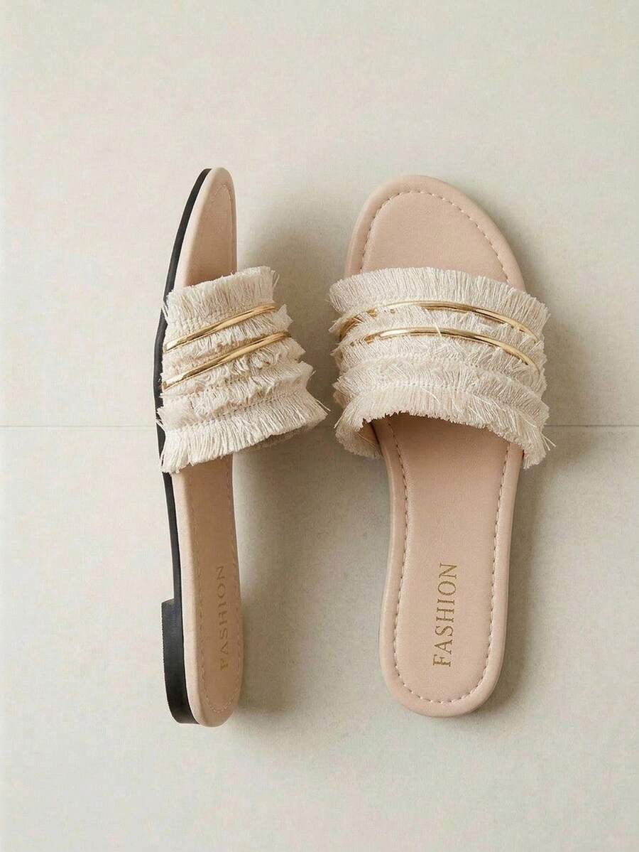 Alvarani Ladies' Vacation Style Fringed Flat Sandals, Beach Summer Open-Toe Slippers For Women