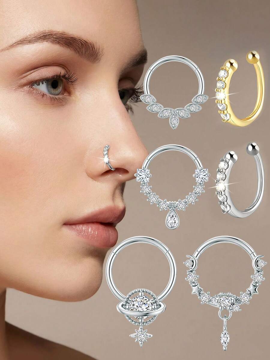 6pcs Stainless Steel Nose Ring Set, Zirconia Water Drop Pendant, Open U-Shaped Nose Clip, Unisex - 6-piece Nose Ring Set - View 1