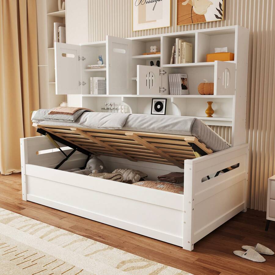 Sofa Bed Frame Made Of Wood 90 X 200 Cm – Multifunctional Storage Space, Hydraulic - White - View 1
