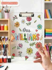 Custom Teacher Name Floral Acrylic Clipboard Personalized School Pencil Board Teacher Appreciation Gift Classroom Decor Student Back To School Gift Teacher's Day Christmas Graduation Season Gift - Multicolor - View 1