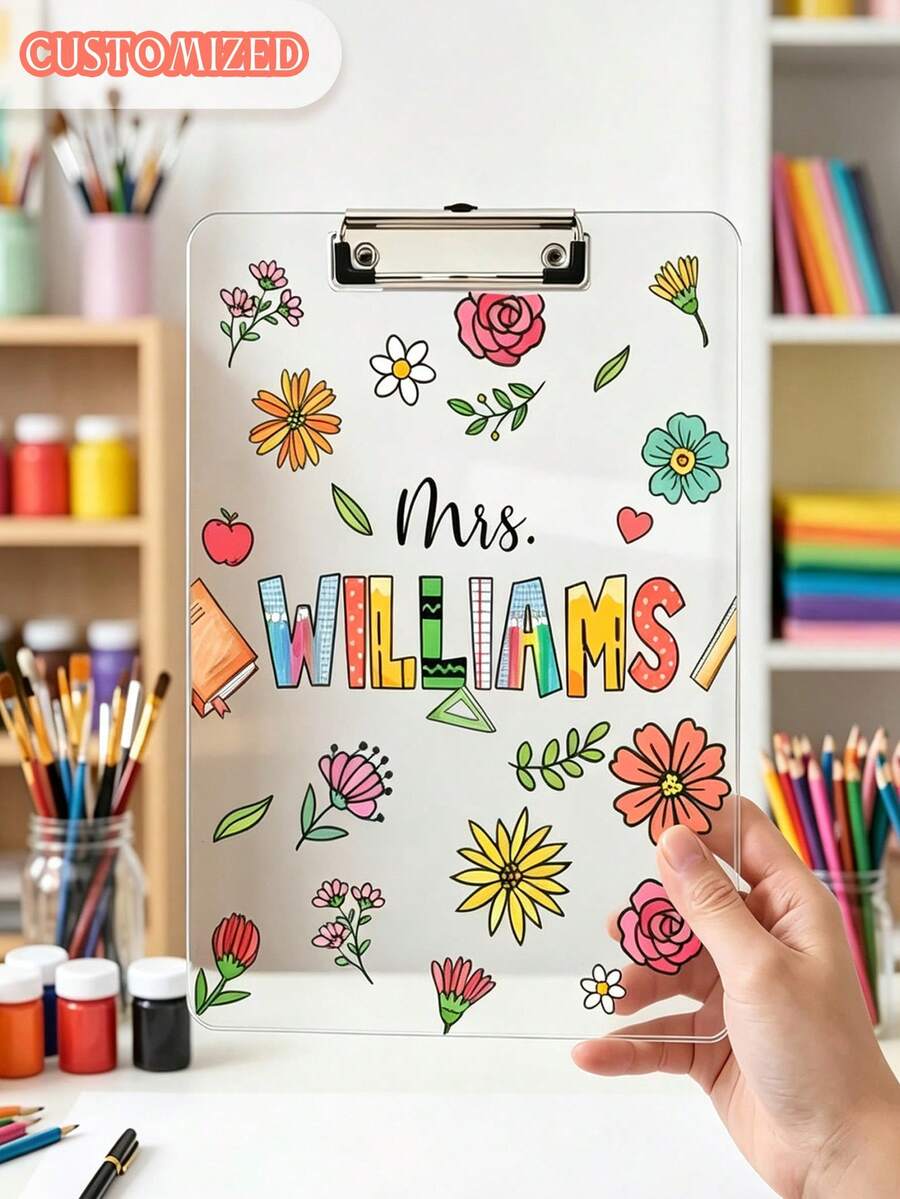 Custom Teacher Name Floral Acrylic Clipboard Personalized School Pencil Board Teacher Appreciation Gift Classroom Decor Student Back To School Gift Teacher's Day Christmas Graduation Season Gift - Multicolor - View 1