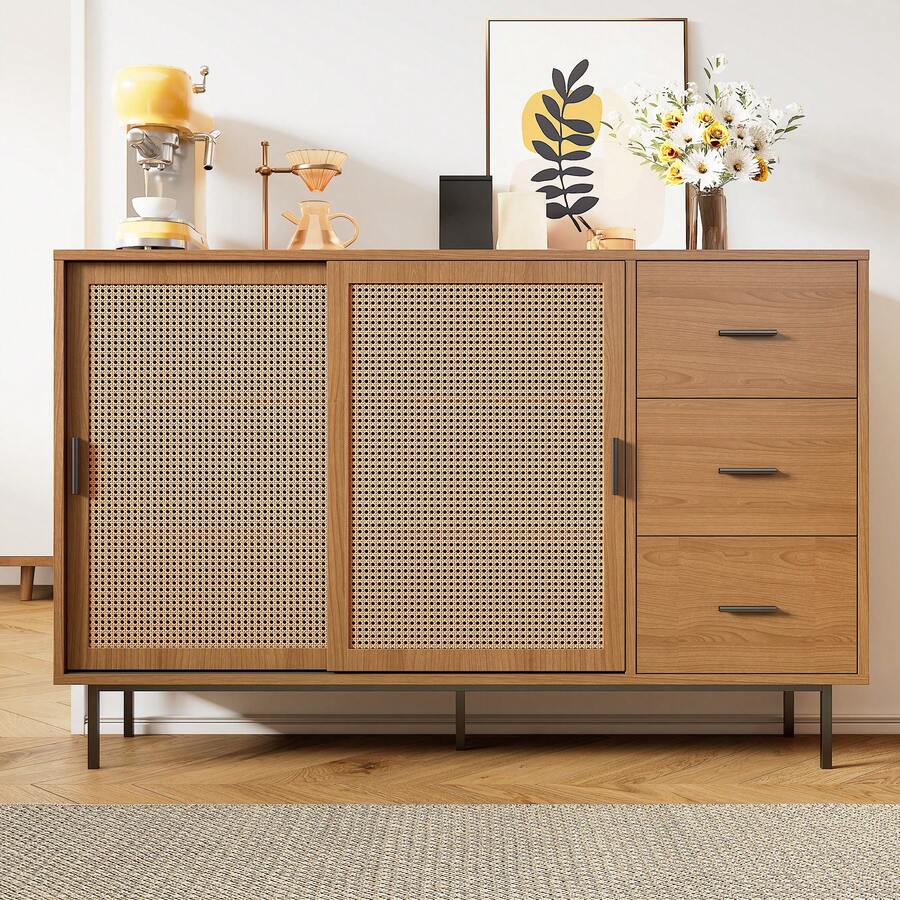 Sideboard Rustic Style With 2 Drawers And 3 Shelves - 自然的 - 查看 1