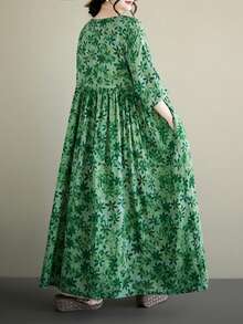 Halloween Elegant Ball Women's Plus Size Green Floral A-Line Long Dress, Batwing Sleeve Short Sleeve, Spring/Summer Casual Loose Long Dress Vacation - Green - View 7