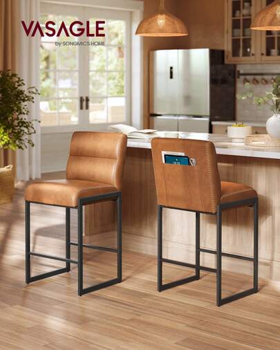 VASAGLE Bar Stools Set Of 2, Counter Height Stools With Backs, 26.4-Inch Barstools Chairs, Synthetic Leather With Stitching, Mid-Century Modern