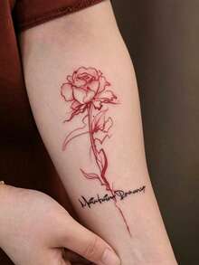 1pc Red Gradient Line Rose Handwritten English Slim Vertical Strip Pattern Temporary Tattoo Sticker, Realistic Fake Tattoo Design, Suitable For Daily Bachelorette Party Favors, Music Festivals, Gaming, Graduation Gifts, Lasts 3-5 Days - Multicolor - View 5