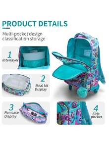 BLING BABIES 3PCS Teens Wheeled Travel Bag, Double-Sided Green Cartoon Puppy Sequins Design Bookbag For Students, With Handbag And Pen Bag Nighttime Reflective - Green - View 6