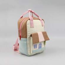 Personalized Quilted Mini Backpack With Embroidered House Design, Color Block Small Backpack, Lightweight Casual Bag With Adjustable Straps For Daily - Multicolor - View 2