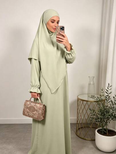 2 Pieces Abaya Set With Headscarf, Loose Fit Full-Length Long Sleeve Muslim Dress, Suitable For Middle Eastern Women's Daily Occasions