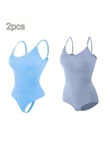 2Pcs High Waist Tummy Control Thong Bodysuit Figure - 淺藍色 - 查看 9