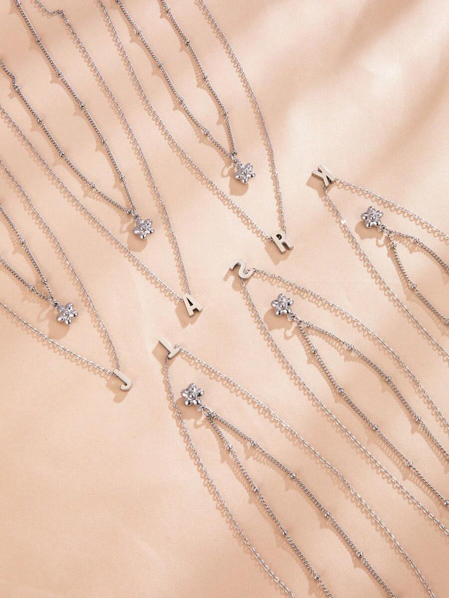 Elegant Women's 26-Letter Initial Necklace Set (A-Z): Layered Chain Necklace With Floral Pendant – Minimalist Jewelry For Everyday Wear - Silver - View 1