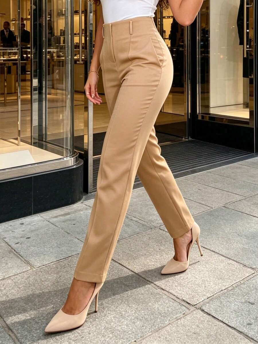 FASHION MO FEMININE - 3283 Tailored Pants, High Waist, With Side Pockets, Straight Leg, Elegant, Formal, Modern, Blogger, Vibrant Colors National Shipping New Collection - Beige - View 1