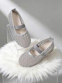 1 Pair Silver Flat Princess Mary Jane Shoes, Hollow Mesh Breathable Non-Slip Soft Sole, Single Strap Ballet Shoes, Girls, Students, Elastic Single Strap Design Cute Sandals Suitable For All Seasons, Match With Skirts And Jeans - Silver - View 10