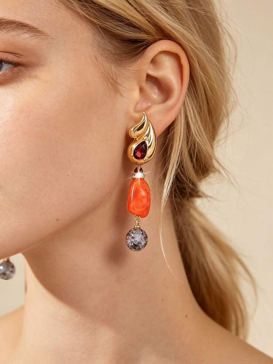 1 Pair Elegant Vintage Bohemian Style Alloy Water Drop Asymmetrical Orange Acrylic Block Pendant Earrings, Suitable For Women's Vacation, Party, Date And Daily Wear - Gold - View 1