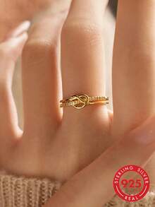 1pc S925 Sterling Silver Double Layer Thin Intertwined Concentric Knot Ring, Romantic Luxury Atmosphere Hand Jewelry, Minimalist Gentle Commute Daily Date Niche Design Versatile Finger Ring, Gift For Lover Girlfriend - Tie - View 6