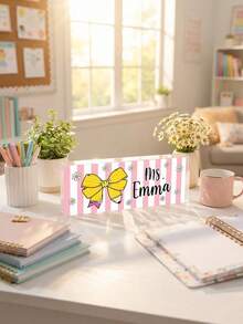 1pc Custom Teacher Desk Name Plate, Personalized SPink Striped Bow Pencil Daisy Long Freestanding Acrylic Table Block,Teacher Appreciation Gift,Back To School,Office Desk Decor,Teacher Office Workstation - Multicolor - View 6