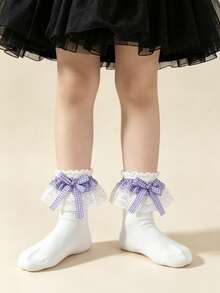 2 Pairs Pure Cotton Kids Lace Plaid Bow Dance Ruffle Princess Fashion Versatile Party Socks - Multicolor - View 6