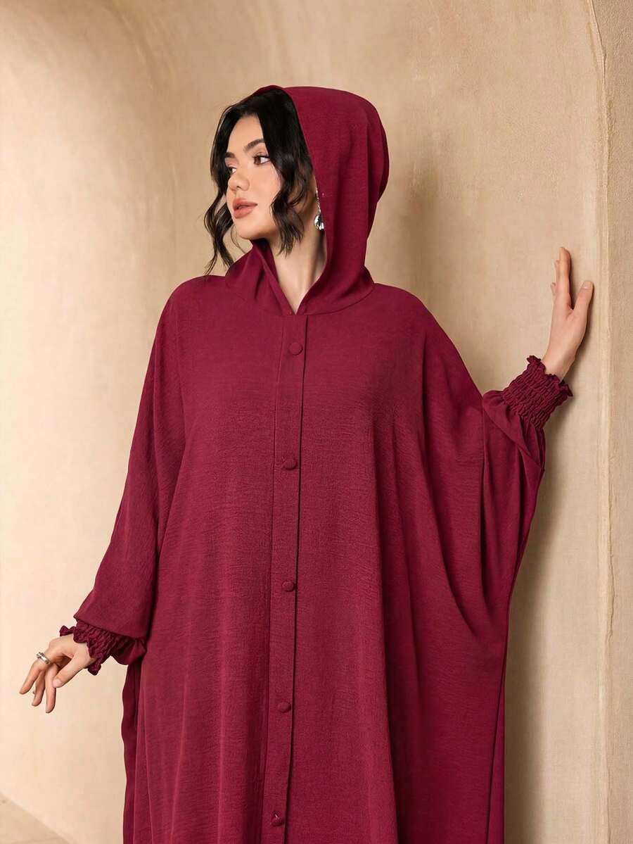 1pc Fashionable Versatile Solid Color Hooded Button-Up Ice Silk Crinkled Long Robe Women's Elegant Soft Abaya Sun Protection Muslim Clothing Shawl - Burgundy - View 1