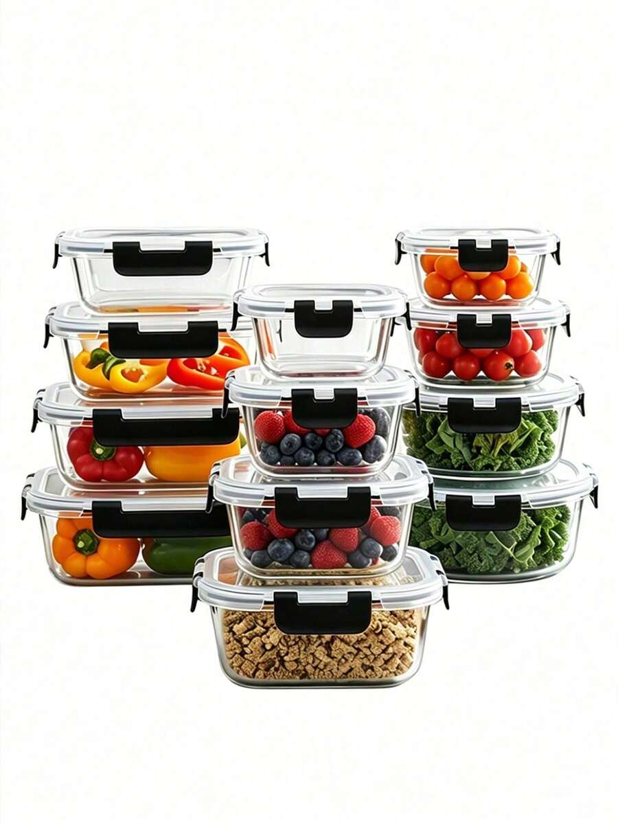 24 Piece Glass Food Storage Container Set, Includes 12 Containers And 12 Lids, High Borosilicate Glass Airtight Containers With Locking Lids, Multi Size Storage Set For Refrigerator Organization, Kitchen Storage And Food Organization - Transparent - View 1