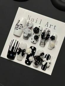 10-Piece Handmade Press On Nails, Medium-Length Rectangular False Nails, 3D Musical Note Nail Art, Y2K Retro Nail Art, 3D Musical Note Rose Bow Crackled Ice Polka Dot Design, Suitable For Daily Commutes, Dates, And The Best Gift For Ladies. - Multicolor - View 3