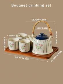 DearDali 1 Set Modern Minimalist Striped Floral Ceramic Teapot Set, Home Tea Cups, Teapot With Tray, Gift Box Packaging, Suitable For Afternoon Tea, Family Gathering, Living Room Decoration, Friend Gift - Multicolor - View 6