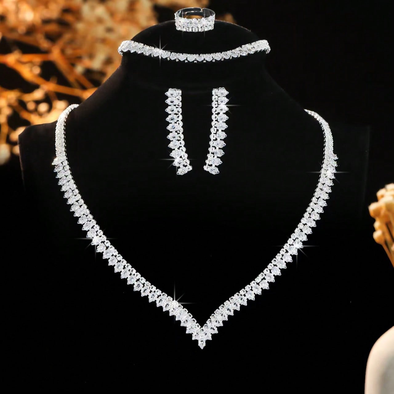 4pcs/Set Fashionable Glamorous Rhinestone Necklace Set, Bridal Wedding Evening Gown Jewelry Accessories For Women