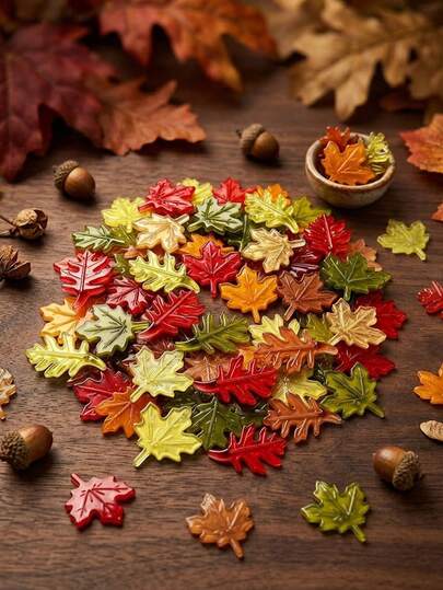 50/100 piezas de mini hojas de arce de acrílico aleatorias para decoración de otoño, relleno para floreros de otoño, adecuado para Acción de Gracias, Halloween, Festival de Cosecha de Otoño, manualidades DIY, decoración del hogar, confeti de mesa, accesorios para fotos, relleno de acuario, confeti de mesa de otoño