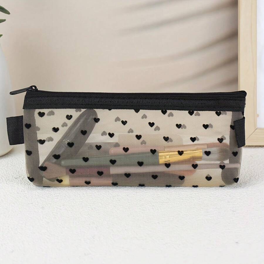 1 Stück schwarzes Herz-Muster Großkapazität Federmäppchen, minimalistische Mode Mesh-Herz kleine Tasche Aufbewahrungstasche Make-up Pinsel Lippenstift Stiftetasche - Liebe - Übersicht 1
