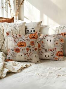 2pcs Cute Ghost Pumpkin Floral Pillow Covers, Vintage Autumn Wildflower Cute Ghost Jack-O'-Lantern Decorative Throw Pillow Covers, Suitable For Halloween, Country Farmhouse, Sofa, Bedroom, Porch, Pastoral Style Holiday Home Decor, Autumn Soft Furnishing - Multicolor - View 11