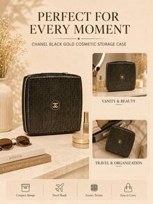 Kotak Organizer Makeup Anyaman Hitam dan Emas Chanel, 19*19cm, terbuat dari kulit sintetis, dengan lapisan dalam yang terbagi, resleting emas yang halus, dan lapisan dalam yang dapat dilepas. Cocok untuk penyimpanan di rumah dan saat bepergian. - emas hitam - View 9