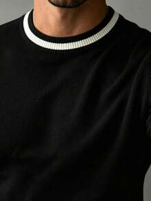 GRDR Men's New Contrast Color Crew Neck Knitted Long Sleeve Top - Versatile Daily Commute Outfit - Black - View 5