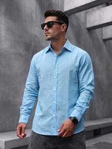 Men's Long Sleeve Casual Fashion Shirt, Spring/Autumn - Baby Blue - View 3