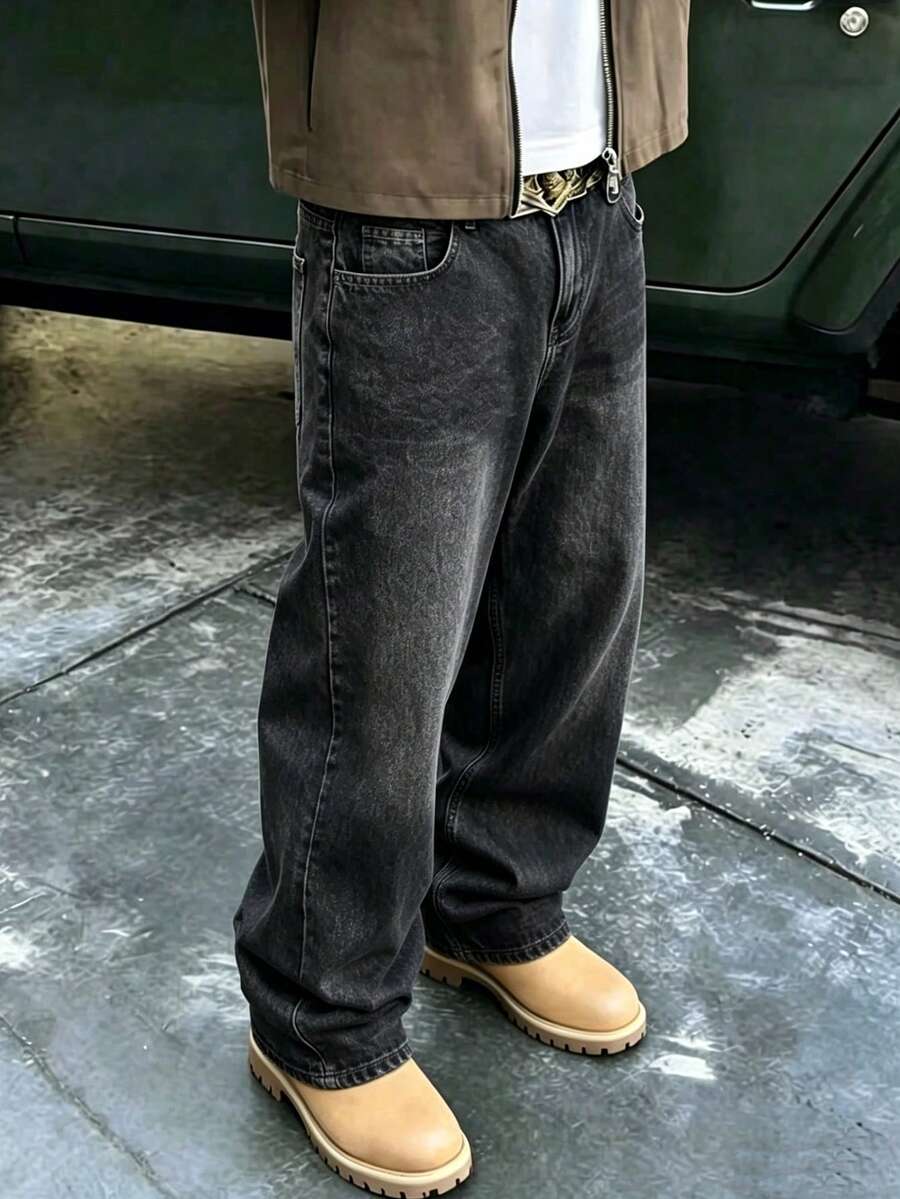 男士寬鬆街頭風棉質長褲，口袋設計水洗滑板工裝風藍色牛仔褲，Y2K風格，Best Friend系列 - 黑色 - 查看 1