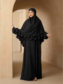 時尚百搭純色連帽蕾絲冰絲皺褶長款罩衫 2 件組 女款優雅柔軟 Abaya 外罩袍 + 連帽蕾絲披肩套裝 防曬穆斯林服飾披肩 - 黑色 - 查看 4