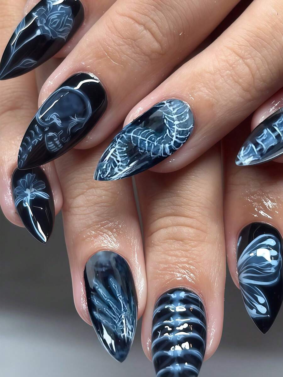 Decorate Your Halloween With Nail Art! 24pcs Almond Shaped Spooky Dark Style Blue & Black Contrast Skull Flower Design Halloween Nail Stickers, Fashionable Vintage Blue Butterfly Rose Skeleton Pattern Y2K Punk Style Almond Shaped Nail Patches, Includes 1pc Jelly Glue And 1pc Nail File (Jelly Glue Randomly Shipped), Suitable For Women And Girls As Halloween Gifts, Can Be Used For Parties, Gatherings And Other Occasions - Multicolor - View 1