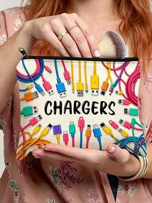 Colorful Cable Charger Printed Storage Bag, Multi-Functional Travel Electronics Organizer, Portable Canvas Zipper Makeup Bag, Suitable For Chargers, Data Cables, Earphones And All Tech Accessories - Multicolor - View 2