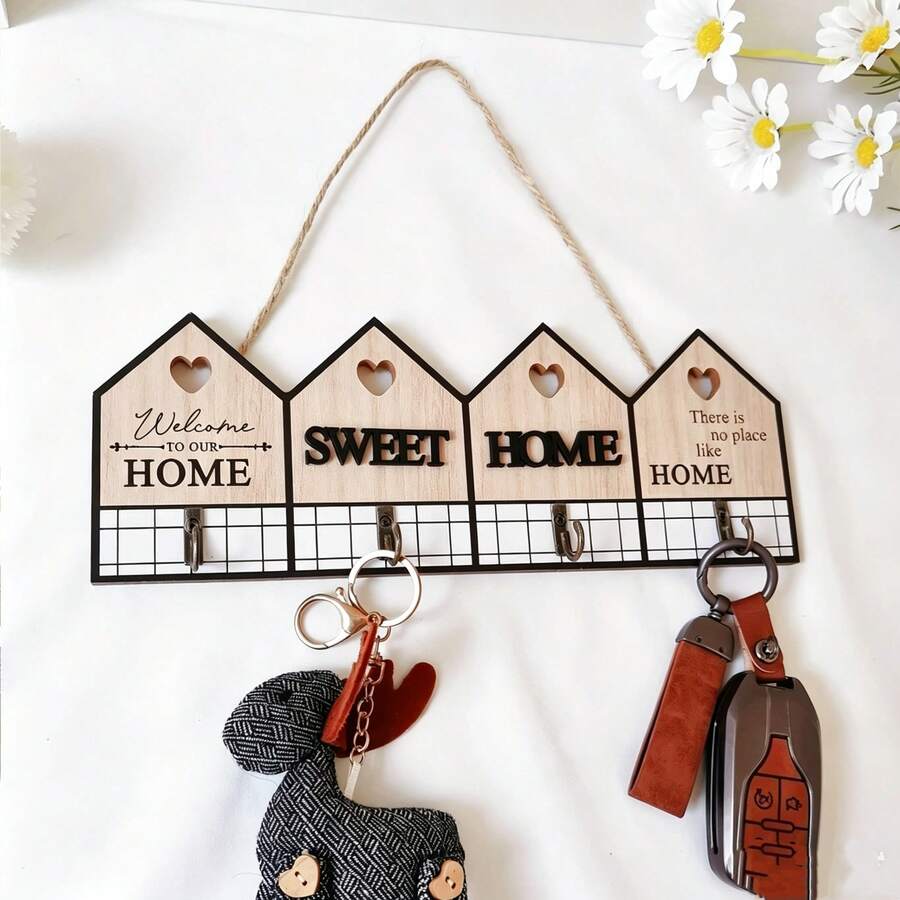 4-Piece Wooden Key Holder Wall Mount, Rustic Cabin Style Home Hooks For Entryway, Farmhouse Wall Art Decor Hanging Organizer, Decorative Key Rack Storage Solution For Modern Living Spaces - View 1