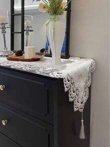 1 cái khăn trải bàn hình chữ nhật viền ren jacquard thêu kiểu Pháp sang trọng thanh lịch, phù hợp trang trí nhà hàng ngày, đám cưới, tiệc, lễ hội, dùng cho bàn trang điểm, tủ TV, bàn cà phê, bàn cạnh giường - trắng - Xem 5
