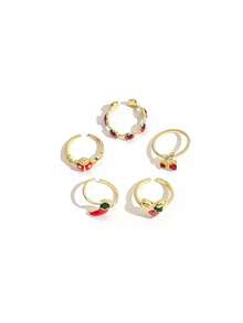 Juego de 5 anillos apilables estilo INS con esmalte falso de goteo rojo, diseño divertido de verduras, mariquita, fresa y chile para mujer - Dorado - Ver 5