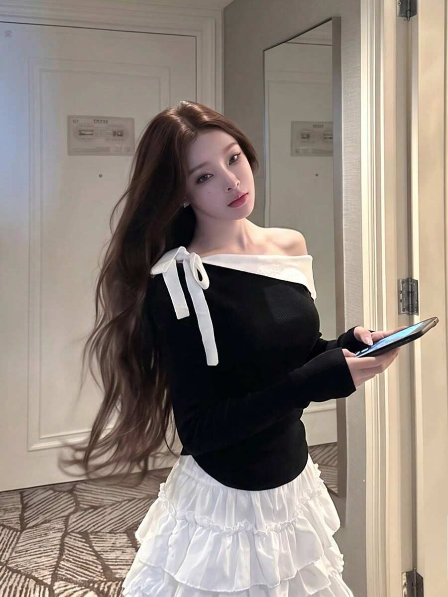 Korean Style Design Asymmetric Neckline Long Sleeve Knit Top For Women, Spring/Autumn Ruched Waist Slimming Fitted Top Black - Black - View 1