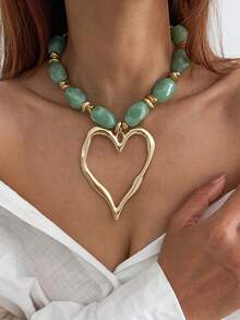1pc Bohemian Style Geometric Exaggerated Asymmetric Color-Block Resin Faux Pearl Beaded Metal Large Heart Pendant Charm Jewelry Necklace, Elegant Luxury, Wedding Banquet, Vacation Party, Daily Casual, Street Photography, Women Couple Holiday Birthday Versatile Necklace Gift - Necklace - View 12