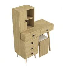 Modern Dressing Table With Mirror And Storage Space; The Mirror Is Retractable. It Features 5 Drawers, A Side Cabinet, And A Beige Upholstered Stool (With A Natural Wood Look). - 卡其色 - 查看 3