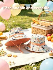 1pc Personalized Floral Bucket Hat With Windproof Cord, Unisex Outdoor Sun Hat, Drawstring Closure, Lightweight, Casual Style, Ideal For Spring/Summer Outdoor Activities, Hiking And Leisure Outings, Customizable Embroidery Name/Letter - Multicolor - View 2