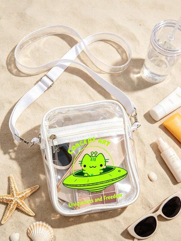 Alien Cat Pattern Transparent Crossbody Bag, Cat-Shaped Spaceship Space Style - Cute Alien Design, Y2K Alien Fan Merchandise/Sci-Fi Geek Outfit Accessory/Space Enthusiast Accessory Bag/Roswell Festival Holiday Souvenir, Women's Crossbody Bag/Daily Carry Bag/Lightweight Storage Handbag, Suitable For Party, Music Festival, Beach, Travel, Commute, Graduation, Back To School Gift For Teachers And Alien Culture Fans, Unisex Adult, Lightweight And Portable, Stores Phone, Keys, Cosmetics, Sunglasses, Etc.