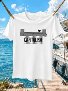 Men's Streetwear Style T-Shirt With Capitalism Print, Ideal For Spring, Urban Hip-Hop, Breathable And With An Eye-Catching Design. - White - View 6